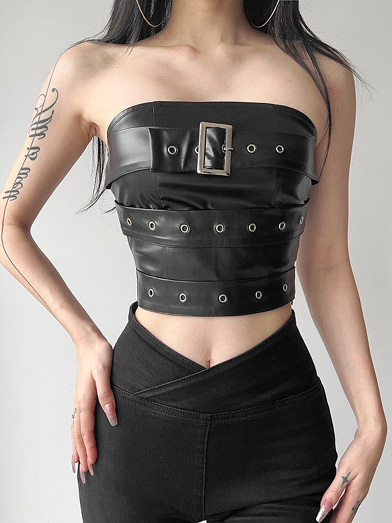 Schwarz 1980er Bandeau Punk Leder Top