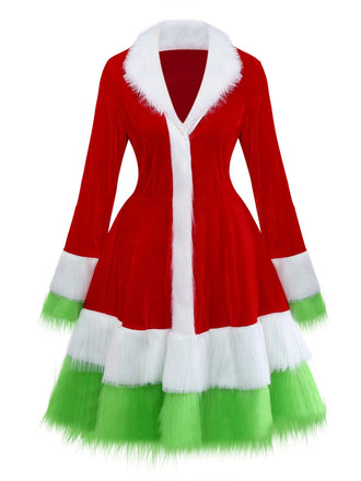 Rot & Grün 1940er Weihnachten Grinch Pelzbesatz Kleid