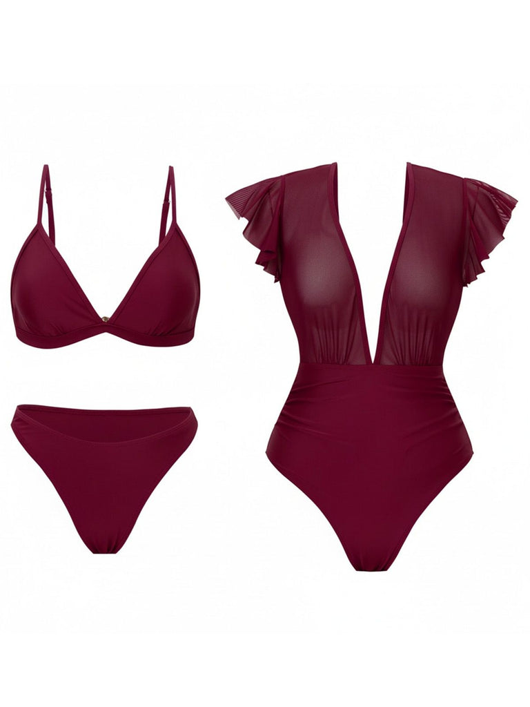 1960er Solide Netz Tiefer Ausschnitt Bikini Set & Cover-Up