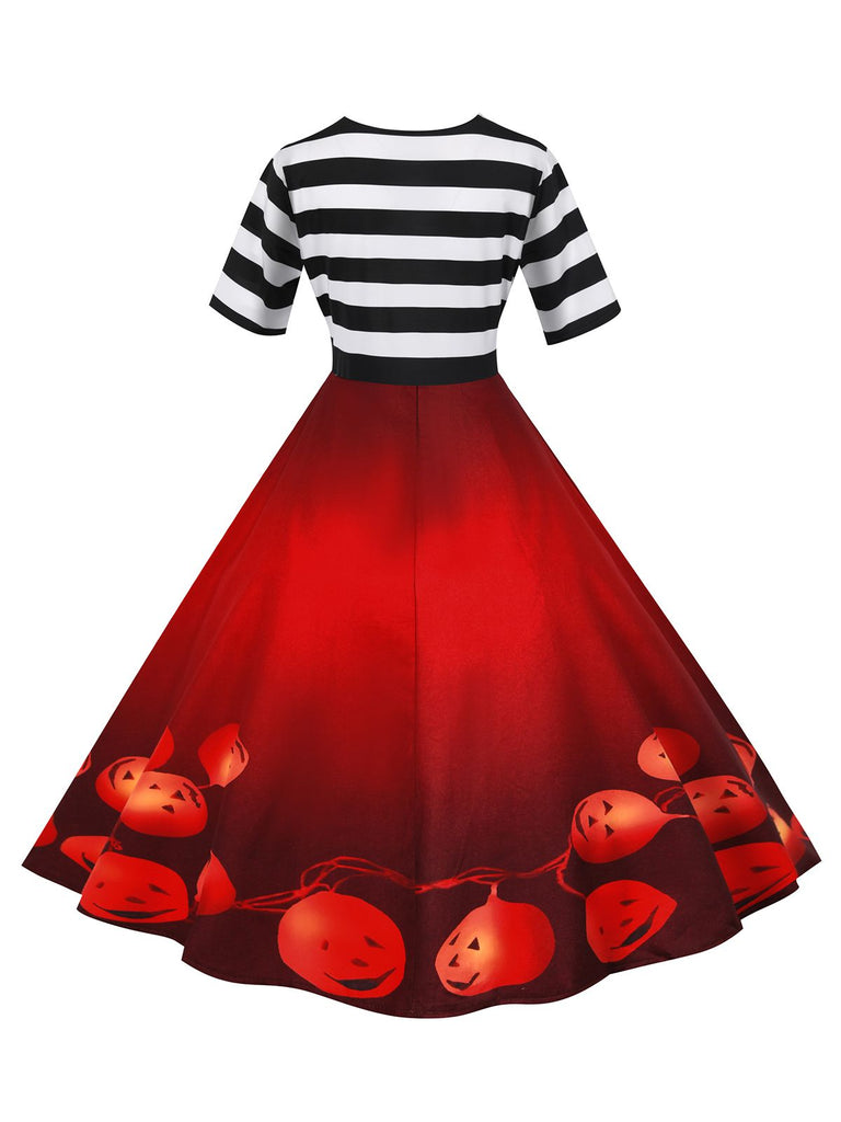 Rot 1950er Halloween Kürbis Streifen Patchwork Kleid