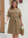 [Übergröße] Khaki 1950er Solide Kapuze Kleid mit Gürtel