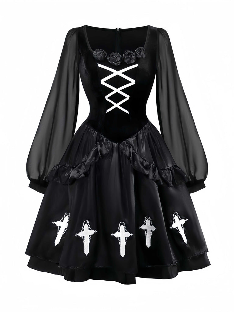 Schwarz 1980er Gothic Das Kreuz Samt 3D-Roses Kleid