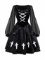 Schwarz 1980er Gothic Das Kreuz Samt 3D-Roses Kleid