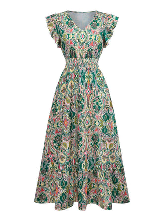 Grün 1970er V-Ausschnitt Paisley Rüschenärmel Kleid