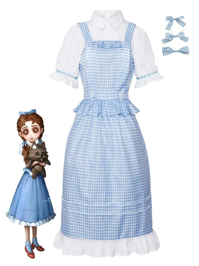 Blau 1970er Gingham Rüschen Puffärmel Kostüm Kleid
