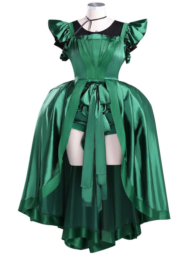 Grün 1950er Wednesday Addams Inspiriert Satin Kostüm Set