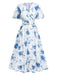 Hellblau 1950er Batik Puff V-Ausschnitt Swing Kleid