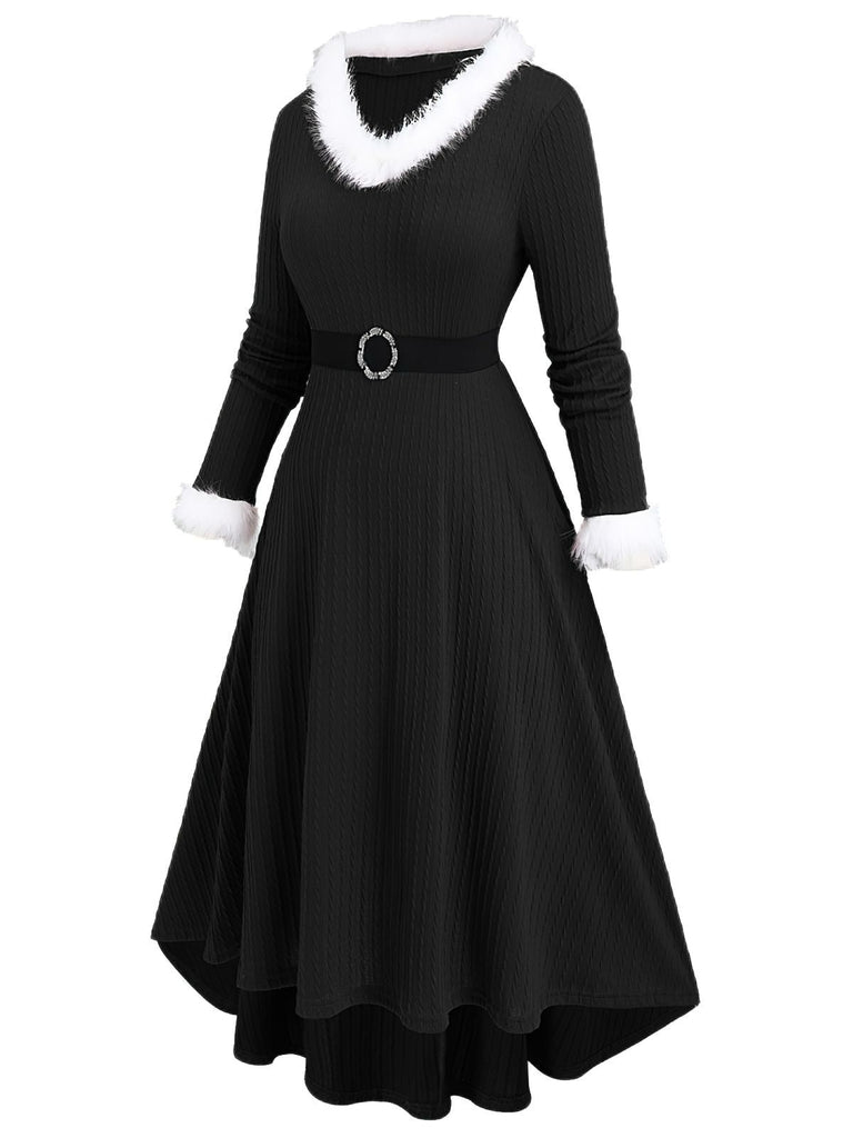 [Übergröße] Weiß 1940er Pelzkragen V-Ausschnitt Gürtel Kleid