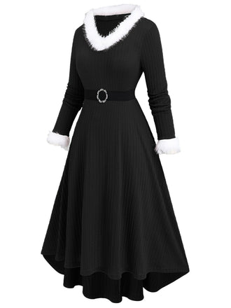 [Übergröße] Weiß 1940er Pelzkragen V-Ausschnitt Gürtel Kleid
