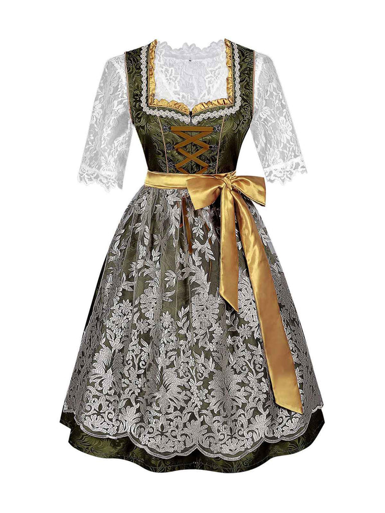 3PCS Grün 1950er Oktoberfest Dirndl Spitze Top & Jacquard Schleife Kleid