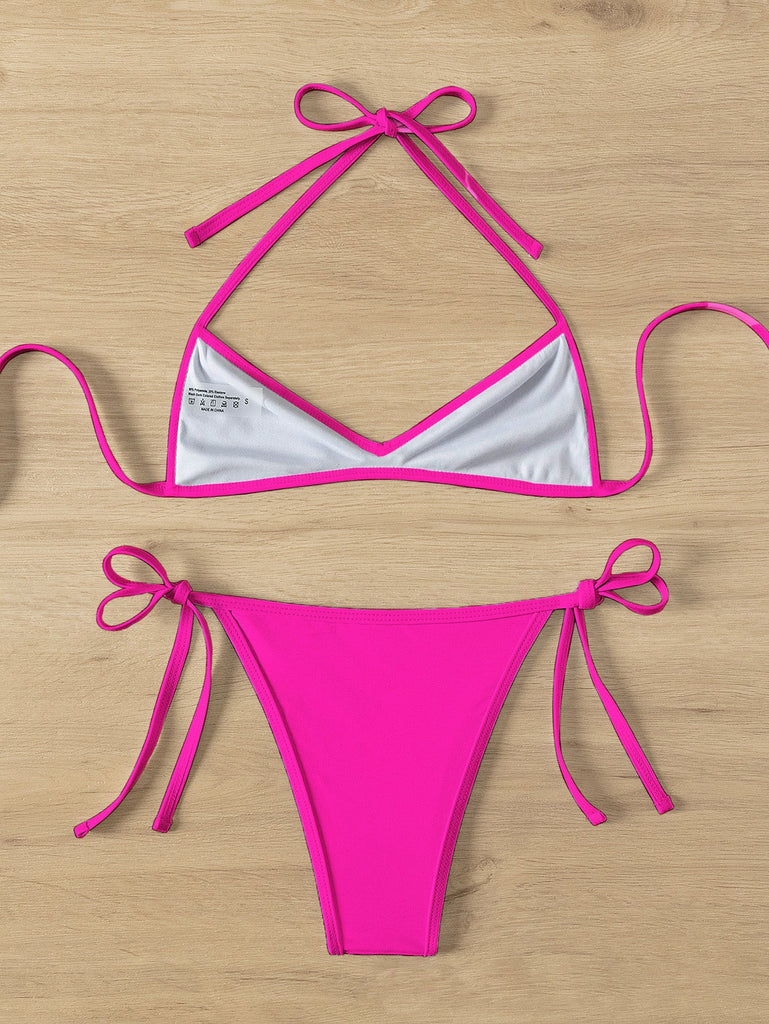 1960er Solide Gerafft Halter Schnürung Bikini Set