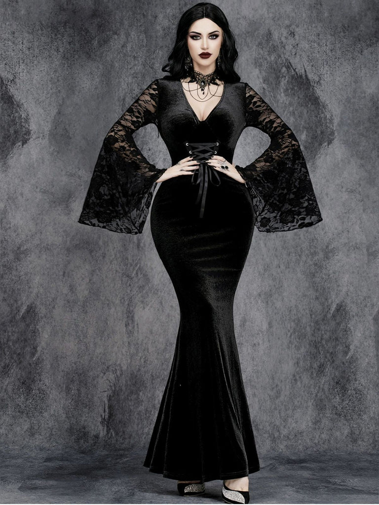 Schwarz 1930er Halloween Spitze Glockenhülse Enges Maxi Kleid