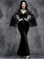 Schwarz 1930er Halloween Spitze Glockenhülse Enges Maxi Kleid