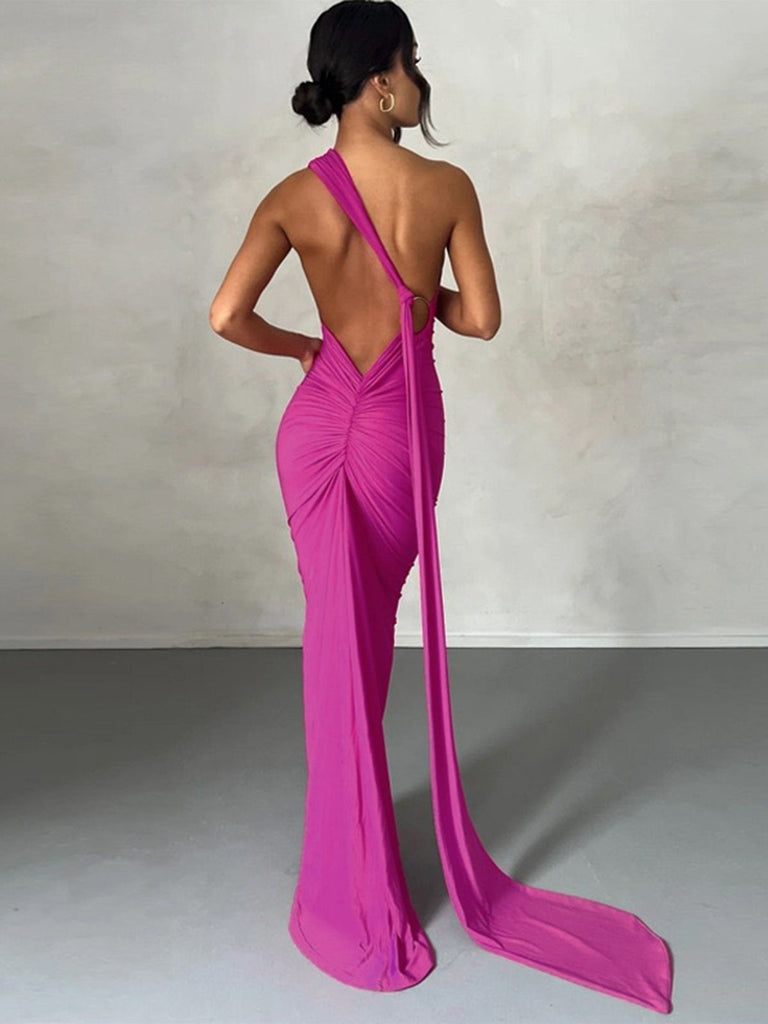 1980er Solide Eine Schulter Rückenfrei Abend Kleid mit Schleppe