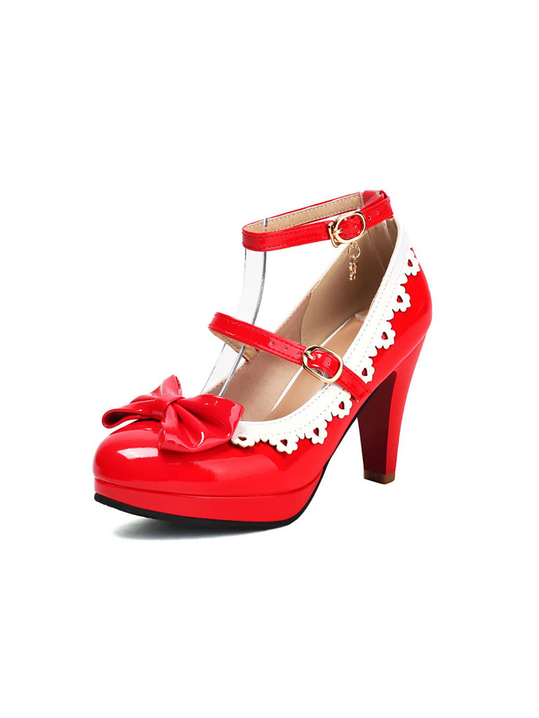 Vintage Bogen Farbblock Schnalle Mary Jane Schuhe