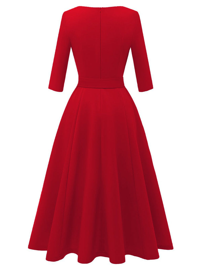 1940er Solide Passform Bogen 3/4 Ärmel Swing Kleid
