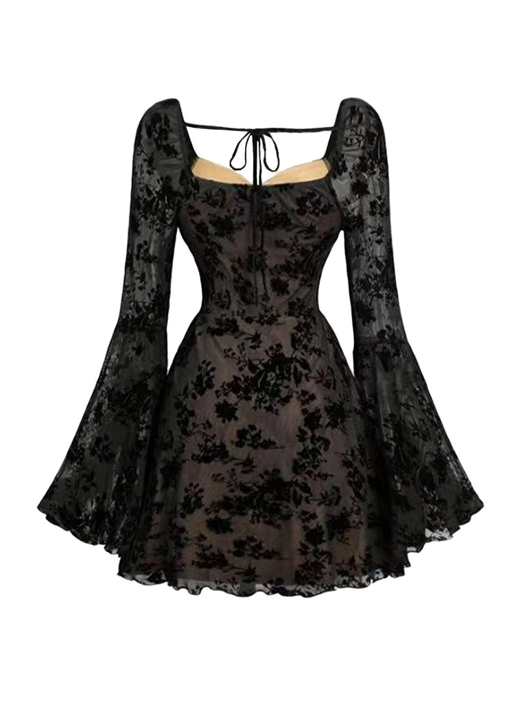 Schwarz 1950er Spitze Blumen Bischofsärmel Kleid