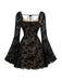 Schwarz 1950er Spitze Blumen Bischofsärmel Kleid
