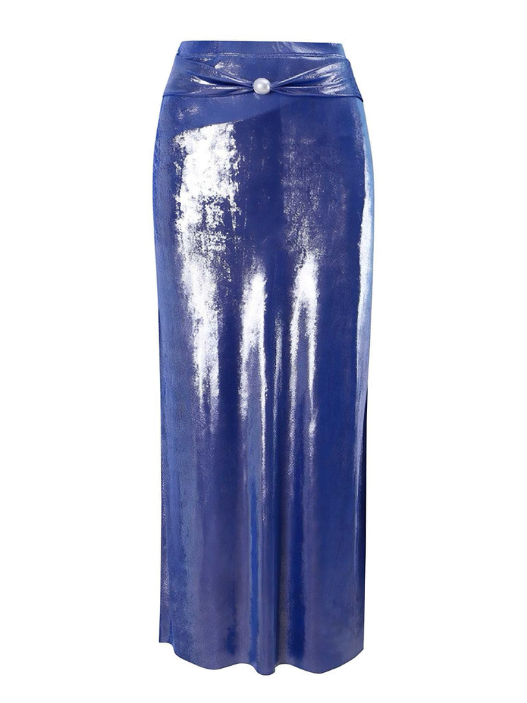 Blau 1970er Solide Schimmernd Perle Cover-Up