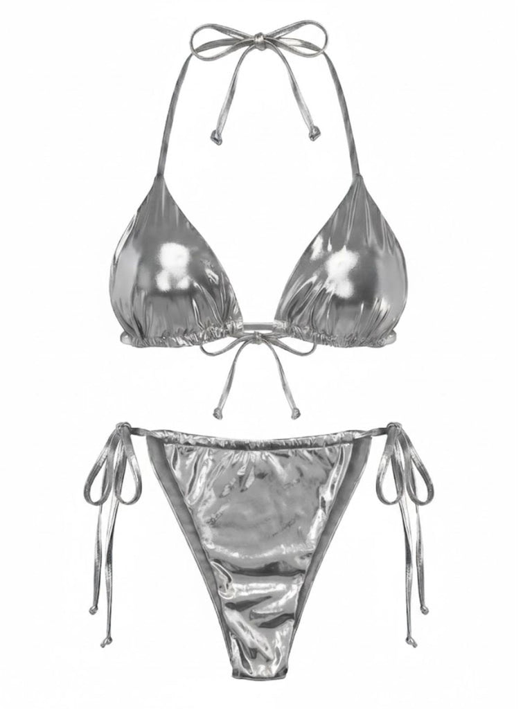 1970er Solide Halter Metallisch Bikini Set