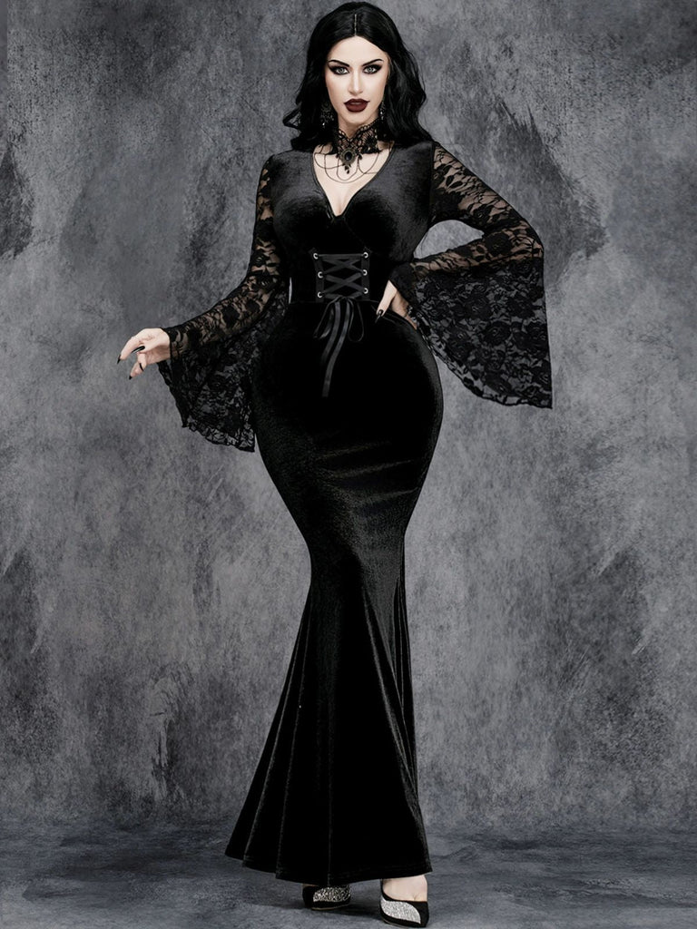 Schwarz 1930er Halloween Spitze Glockenhülse Enges Maxi Kleid