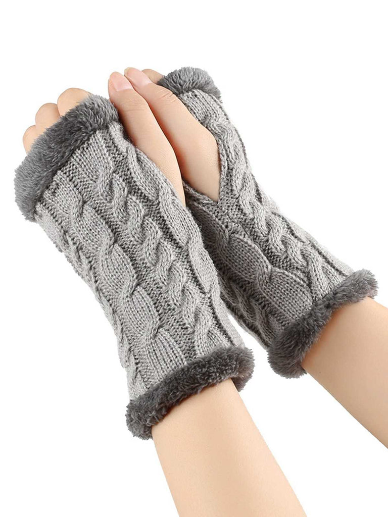 Winter Kunstpelzbesatz Stricken Fingerlos Handschuhe