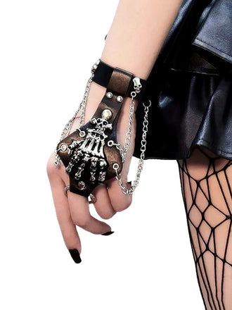 Punk Skeletthand Chain Leder Niet Fingerarmband