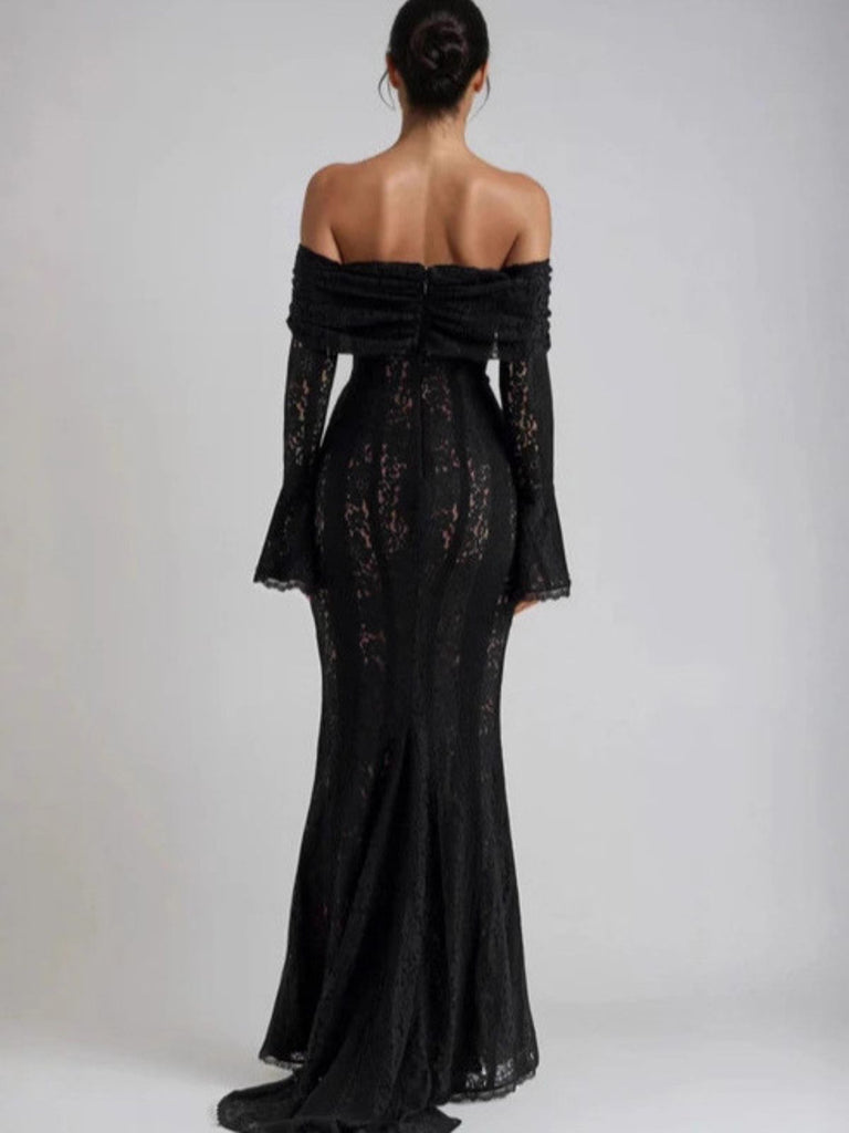 1930er Schulterfrei Spitze Trompetenärmel Maxi Meerjungfrauenkleid