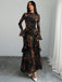 Schwarz 1930er Blumen Netz Rüschen Maxi Kleid