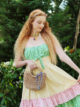 Multicolor 1950er Baumwolle Breit-Träger Plaid Patchwork Kleid