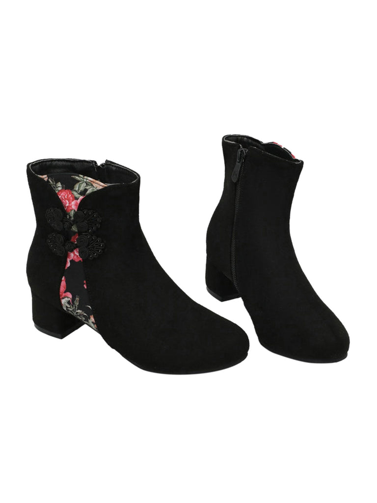 Retro Leder Mittlere Absätze Blumenmuster Stiefel