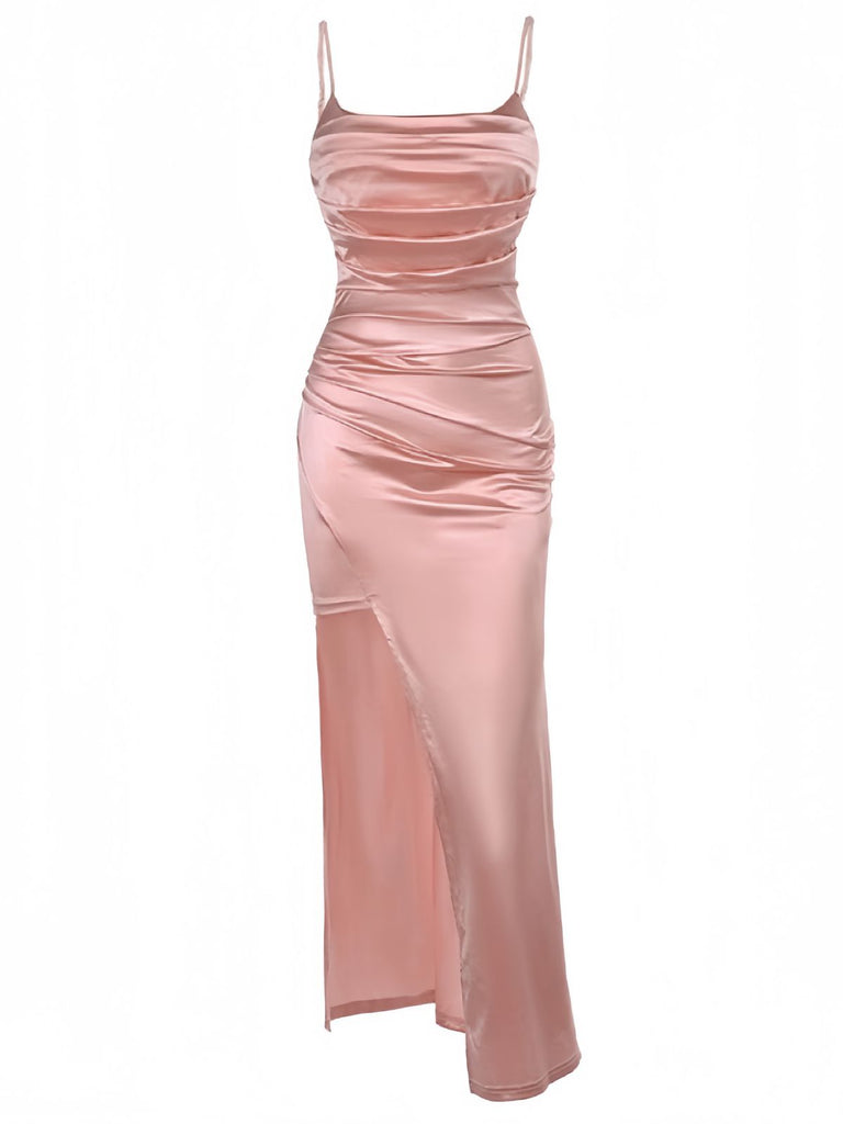 Rosa 1930er Solide Satin Gerüschtes Schlitz Kleid
