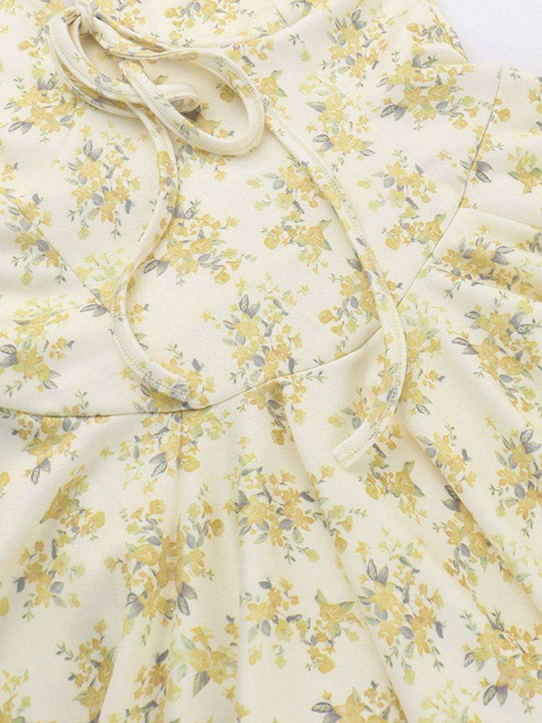 Gelb 1960er Blumen Puffärmel V-Ausschnitt Kleid