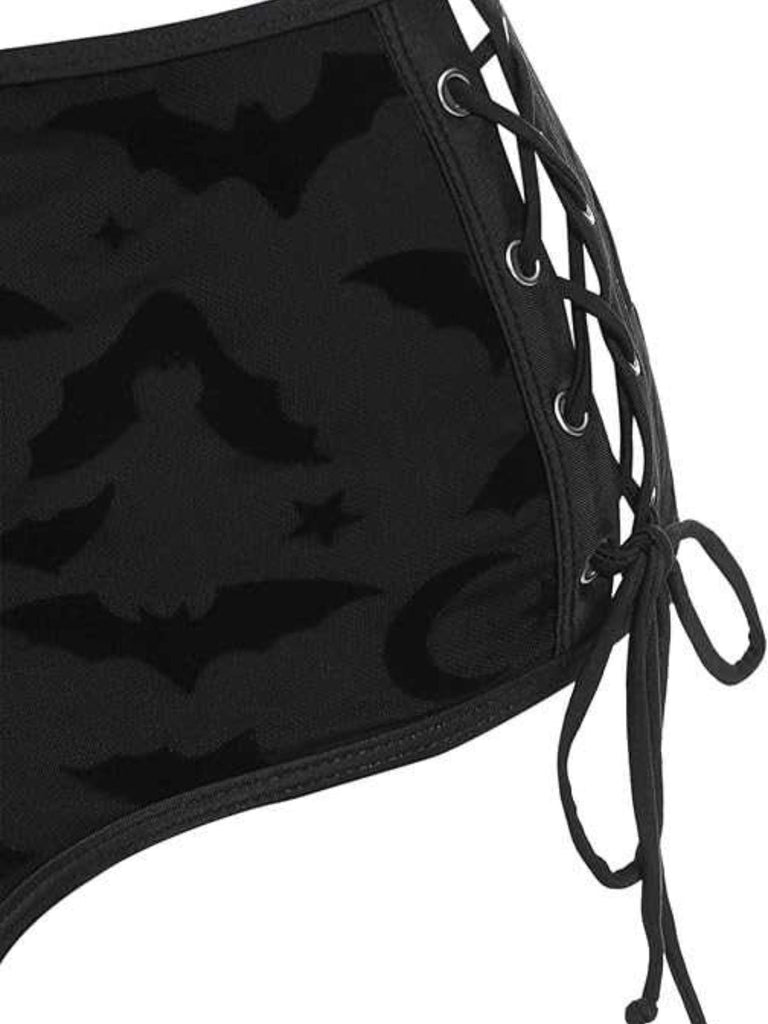 Schwarz 1980er Träger Fledermäuse Netz Gothic Bikini Set
