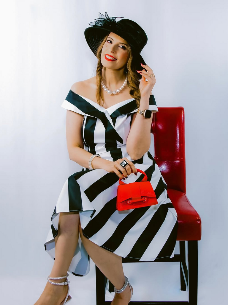 Beetlejuice Schwarz & Weiß 1950er Schulterfrei Streifen Kleid