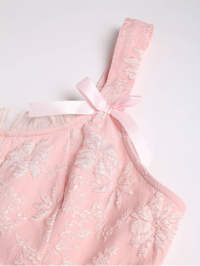 [Vorverkauf] [Übergröße] Rosa 1940er Solide Bogen Geprägt Blumen Kleid
