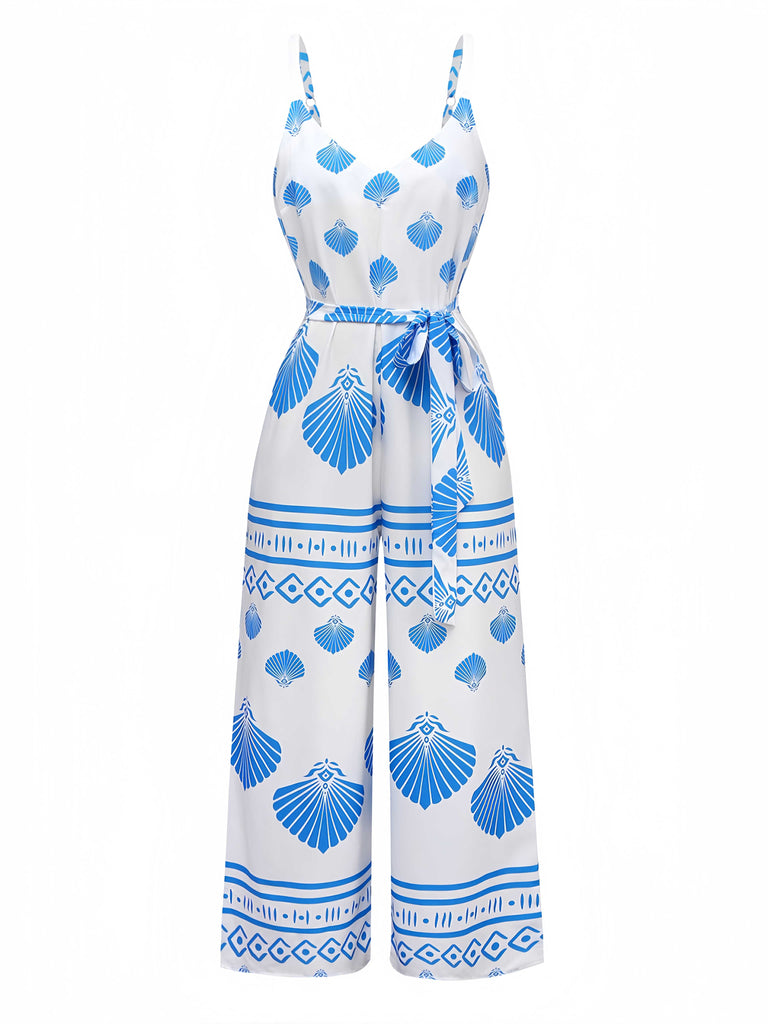 Blau 1930er Spaghetti Träger Muscheldruck Gürtel Jumpsuit