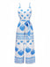 Blau 1930er Spaghetti Träger Muscheldruck Gürtel Jumpsuit