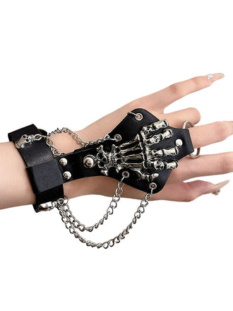 Punk Skeletthand Chain Leder Niet Fingerarmband