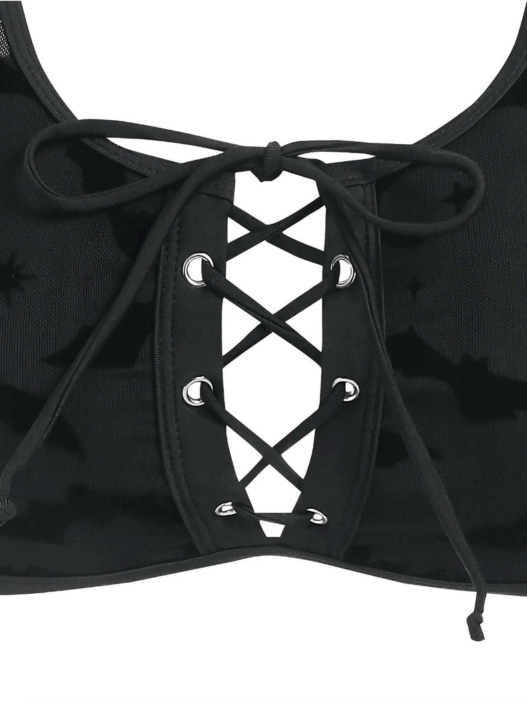 Schwarz 1980er Träger Fledermäuse Netz Gothic Bikini Set