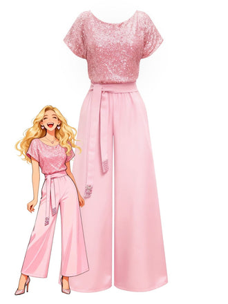 Rosa 1960er Pailletten Weit Bein Jumpsuit