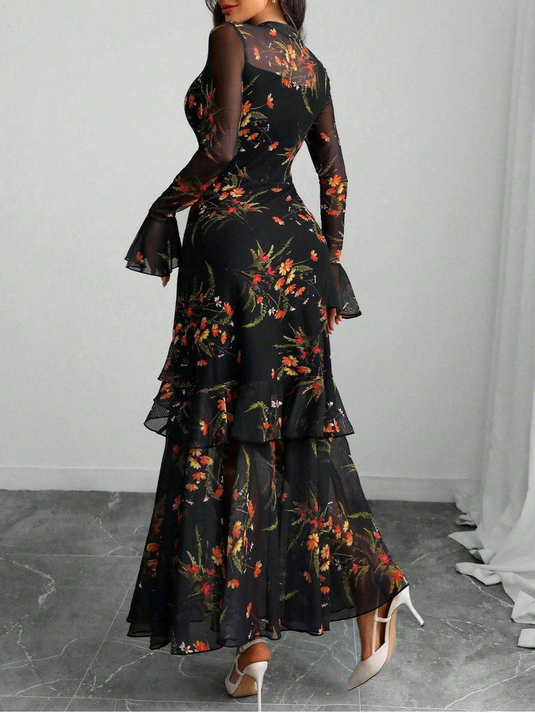 Schwarz 1930er Blumen Netz Rüschen Maxi Kleid
