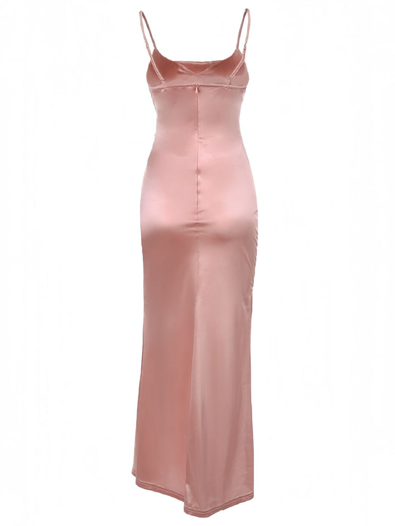 Rosa 1930er Solide Satin Gerüschtes Schlitz Kleid