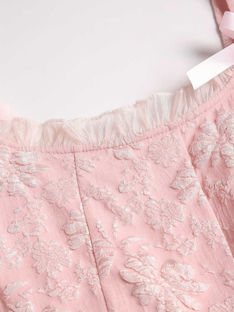 [Vorverkauf] [Übergröße] Rosa 1940er Solide Bogen Geprägt Blumen Kleid