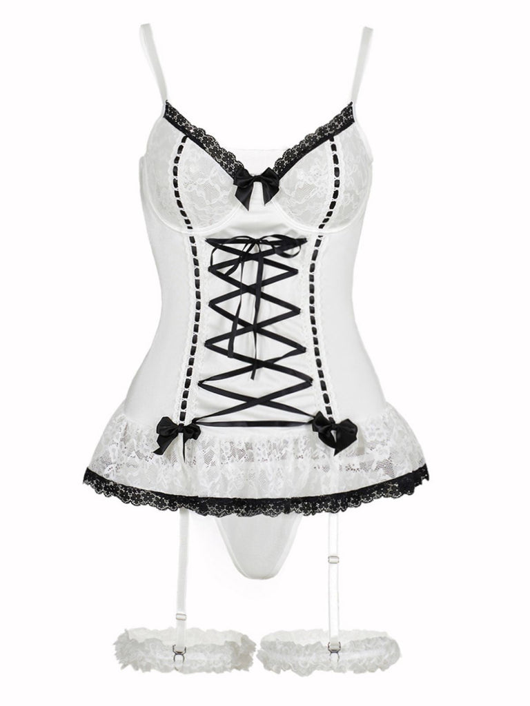 1970er Kontrastiert Spitze Netz Bogen Schnürung Dessous Set