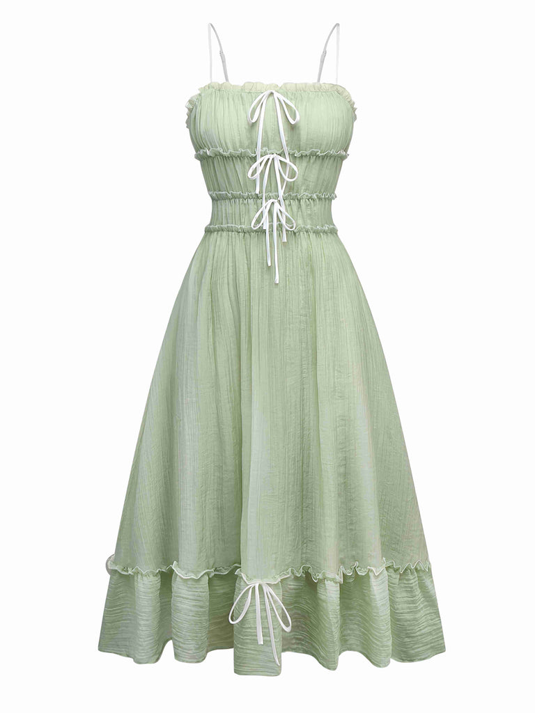 Grün 1940er Spaghetti Träger Bogen Kleid