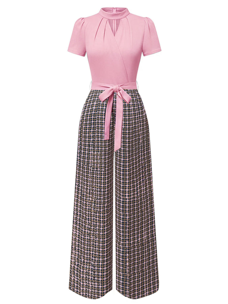 [Vorverkauf] Rosa 1930er Plaid Schlüssellochhals Jumpsuit