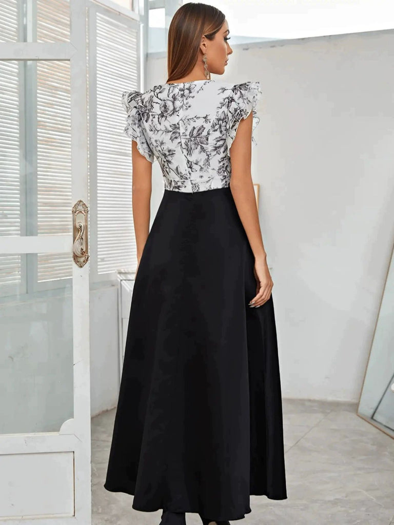 1930er Blumen Rüschenärmel V-Ausschnitt Patchwork Kleid