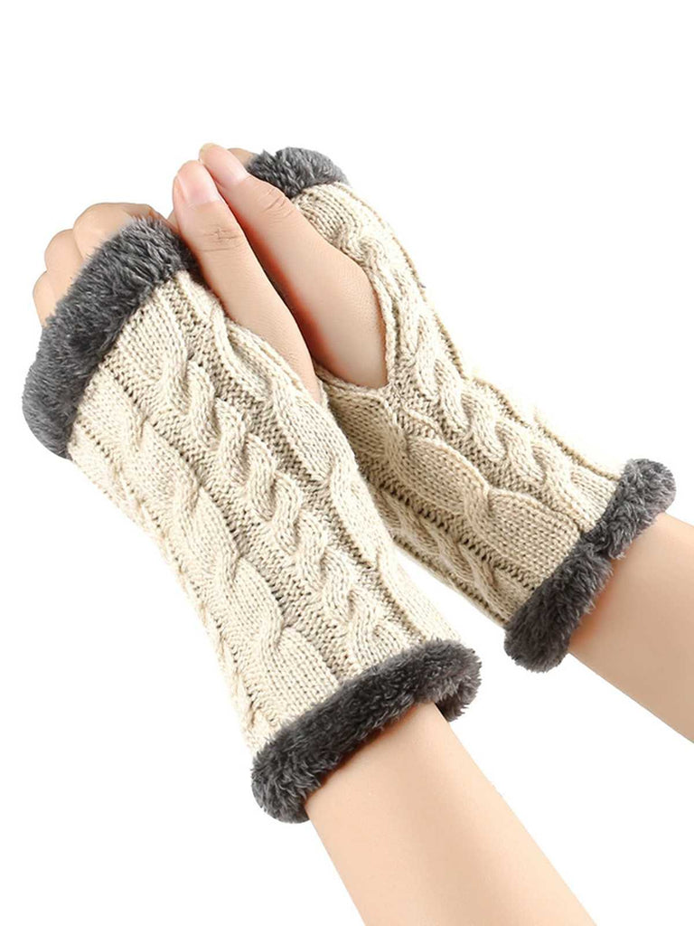 Winter Kunstpelzbesatz Stricken Fingerlos Handschuhe