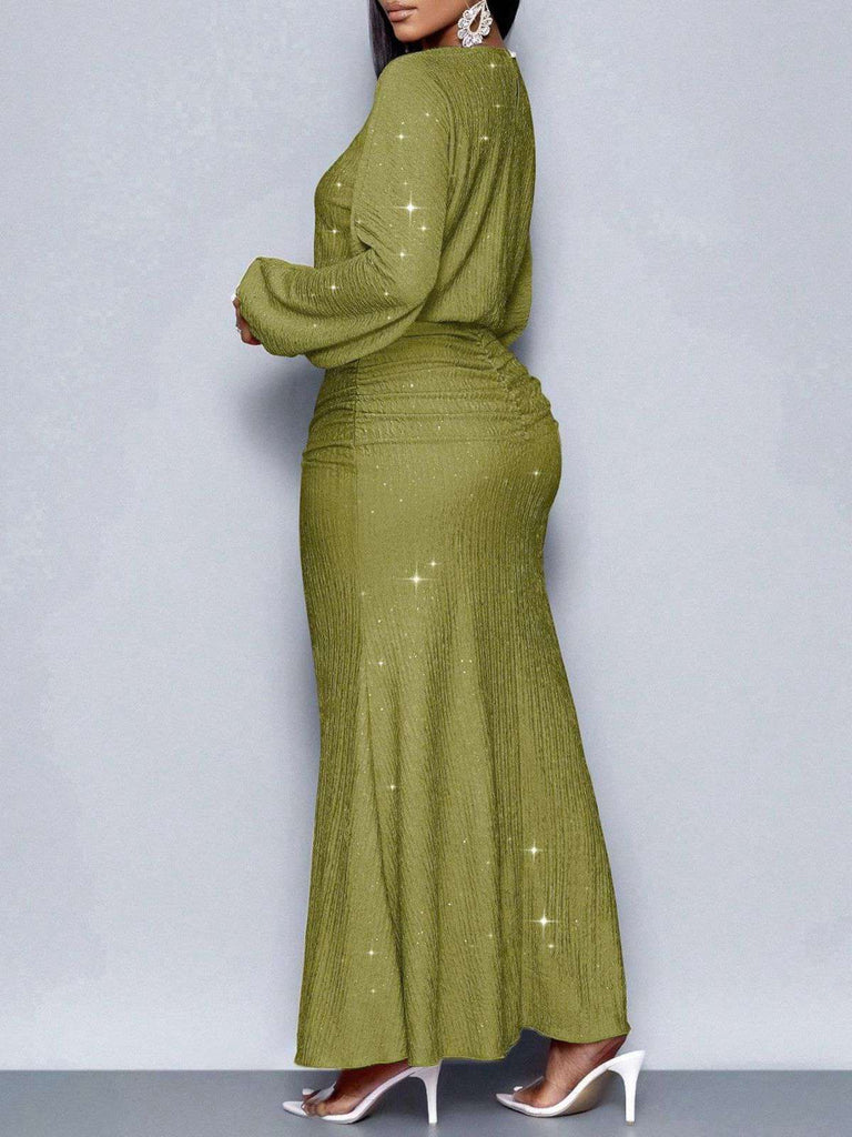1930er Funkeln Gerüschtes Laternenärmel Stricken Fischschwanz Kleid